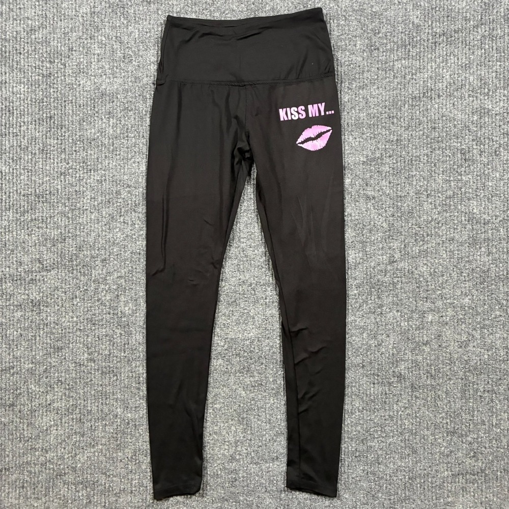 Hot Kiss Womens Leggings‎ Size S Black Pink Kiss My Lips Graphic Mid Rise